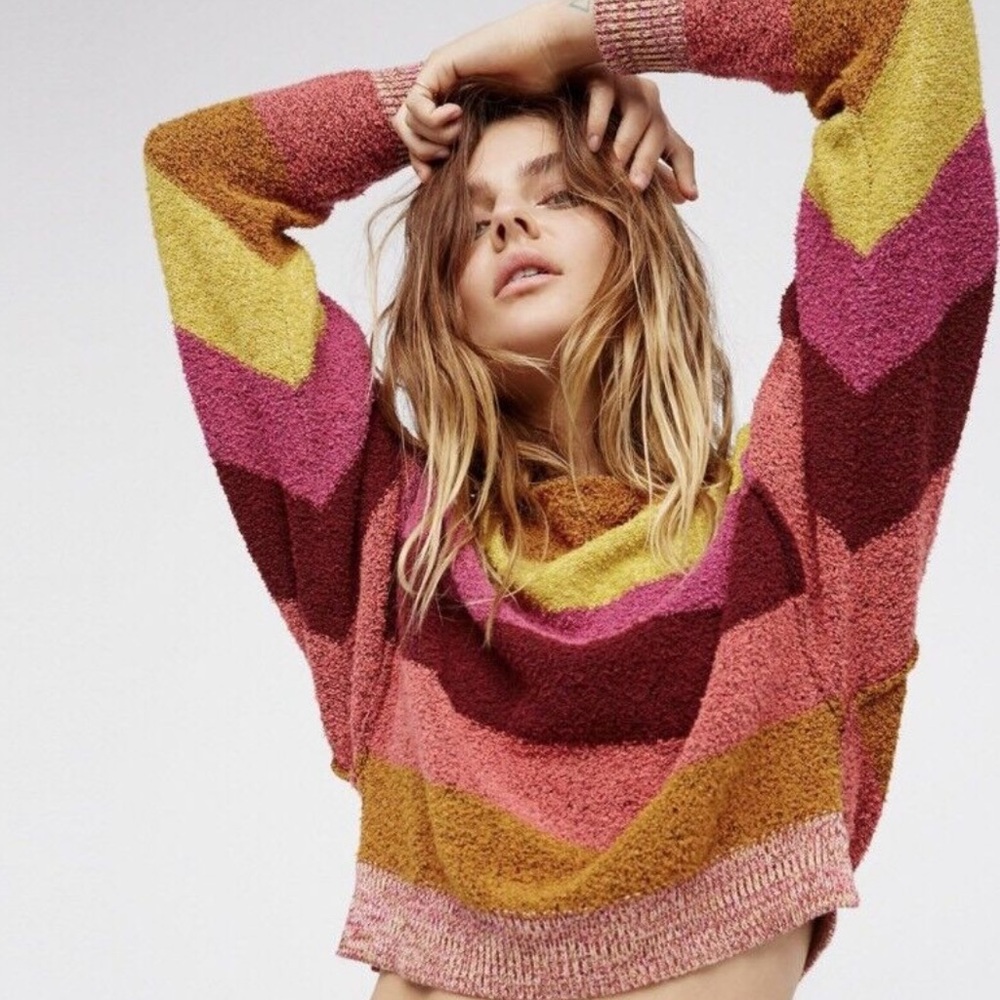 Free People Candyland Colorful Striped Cropped Sweater Size XS Oversized